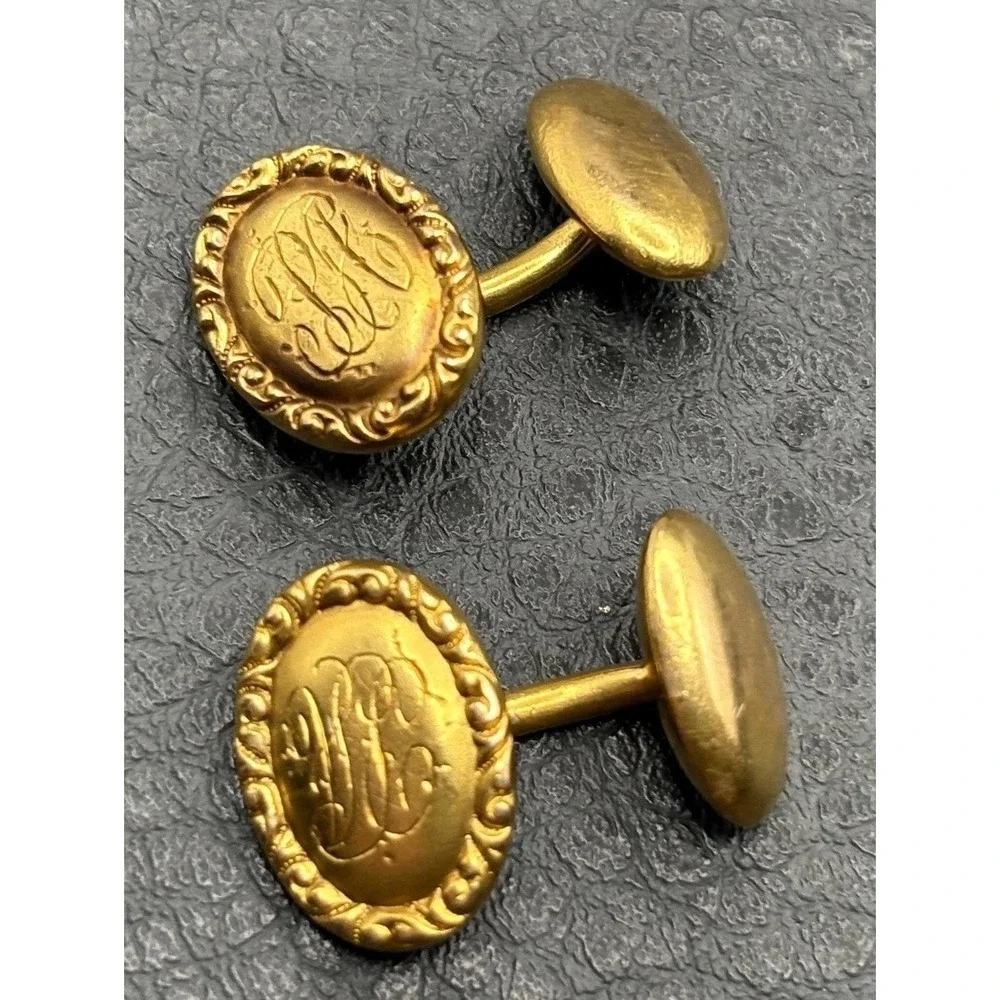 Vintage 14K Solid Yellow Gold Tone Victorian Cufflinks Ornate Etched Initials PA